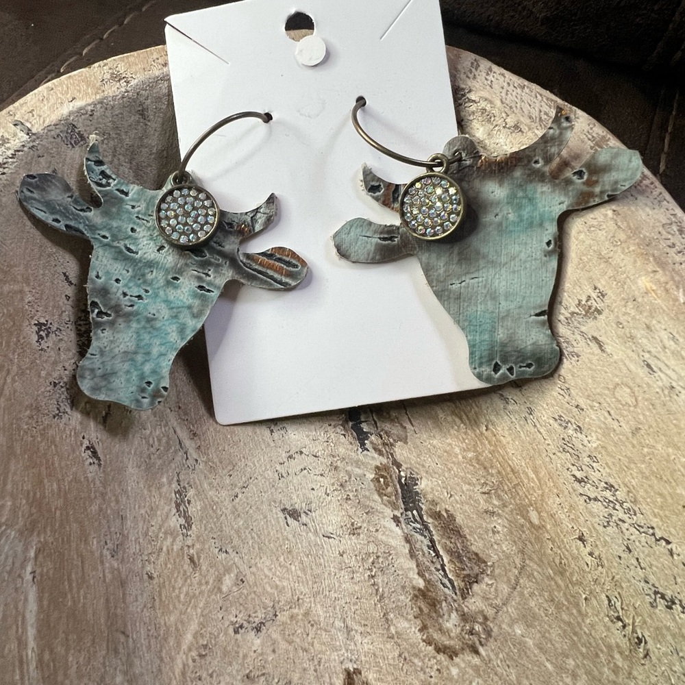 Rustic Western‎ Steer Dangle Earrings | Handmade Boho Cowgirl Blue Hook | NEW - Picture 2 of 5